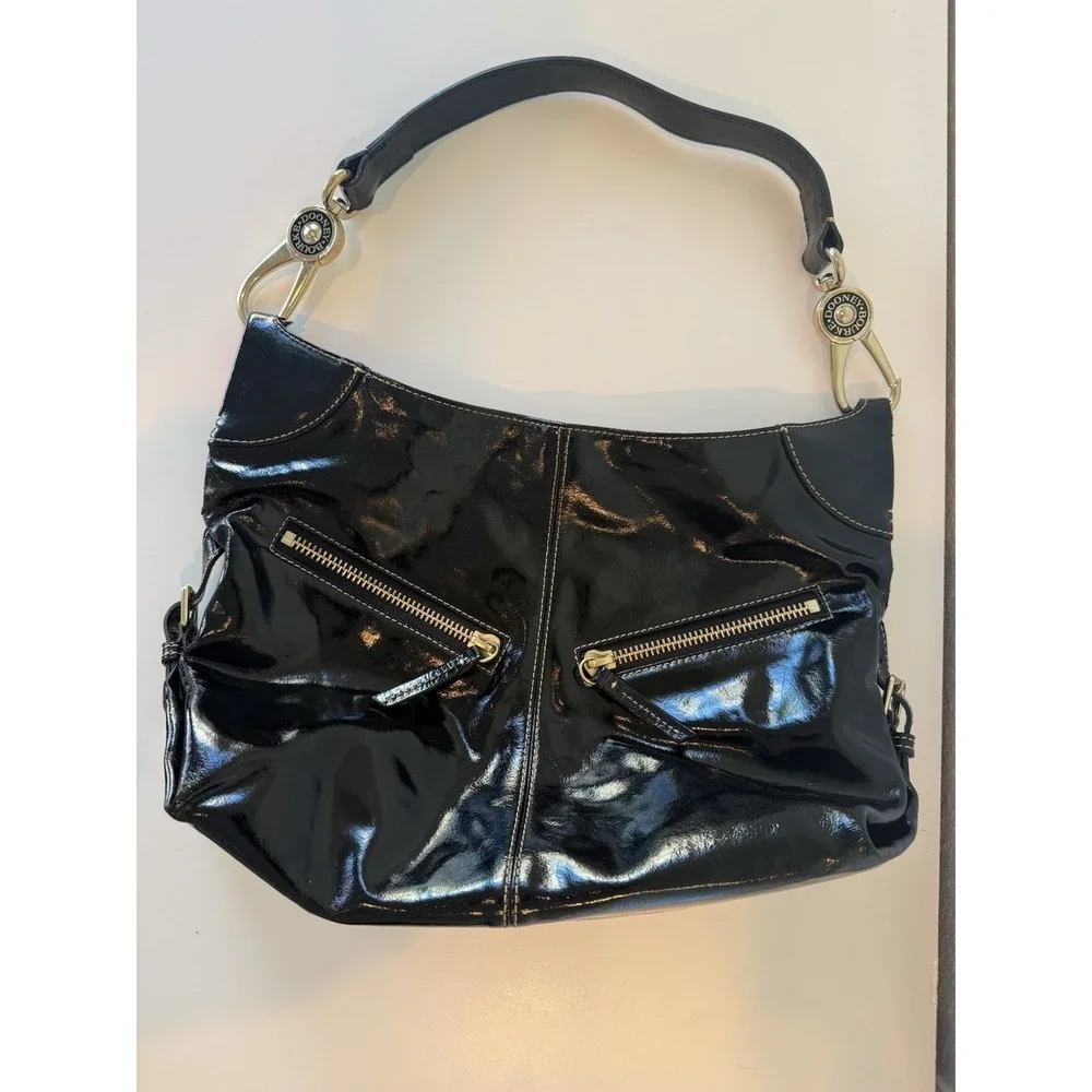 Dooney‎ & Bourke Black Patent Leather Medium Hobo Shoulder Bag Zip Pocket Nice